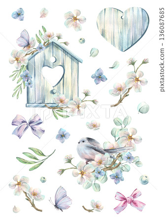 A wooden birdhouse and titmice with apple blossoms, bows, and butterflies in delicate pastel colors. Hand-drawn watercolor illustration. Sticker pack, a set of elements for spring holiday design. 136087685