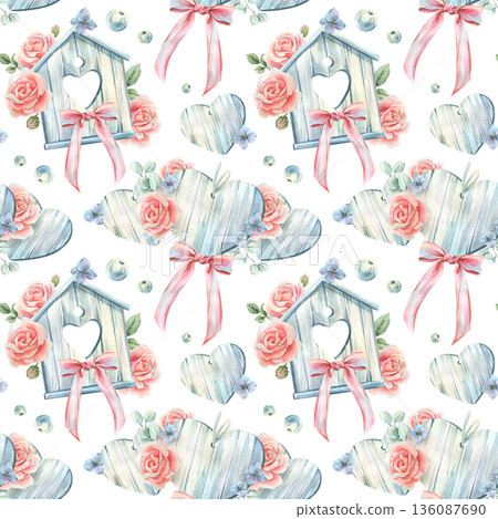 A seamless watercolor pattern featuring tree birdhouses, ribbons, hearts, roses, and flowers. Perfect for spring, Mother's Day, Valentine's Day, weddings, and greeting cards. Hand-drawn illustration. 136087690