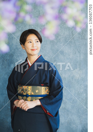 Woman wearing a tsukesage, Japanese clothing, kimono, visiting kimono Woman wearing a tsukesage, Japanese clothing, kimono, visiting kimono 136087703