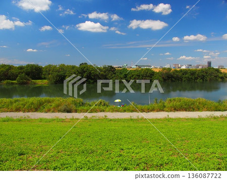 Autumn Edogawa River scenery with fishermen seen from the bank 136087722