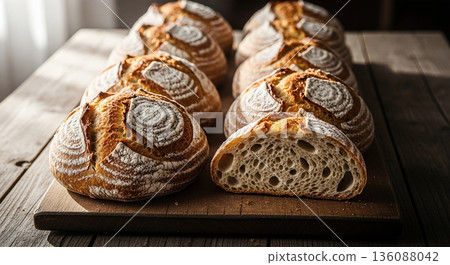 Artisan sourdough bread loaves on rustic wooden table 136088042