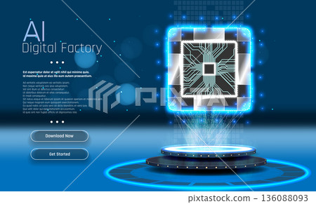 Digital factory showcasing AI technology with a circuit board design and interactive options at the forefront 136088093