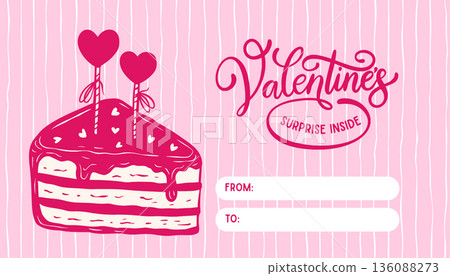 Whimsical Coquette Valentines Tag Dripping Cake Slice, Heart Toppers On Striped Background Whimsical Coquette Valentines Tag Dripping Cake Slice, Heart Toppers On Striped Background 136088273