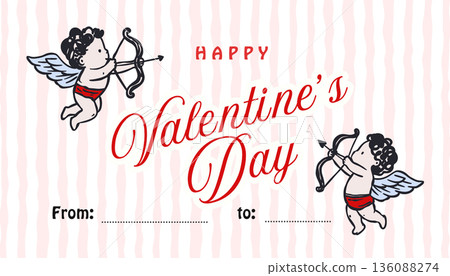 Flying Cupid Angel Whimsical Coquette Doodle Valentines Day Tag , Hand Drawn Stripe Background Flying Cupid Angel Whimsical Coquette Doodle Valentines Day Tag , Hand Drawn Stripe Background 136088274