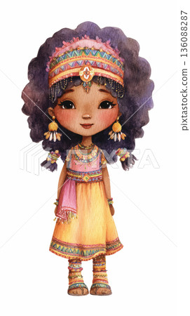 Watercolor cute doll cute girl African American or Ethiopian tribe woman cartoon in National tribal ethnic yellow dress costume clip art illustration isolated on white background 136088287
