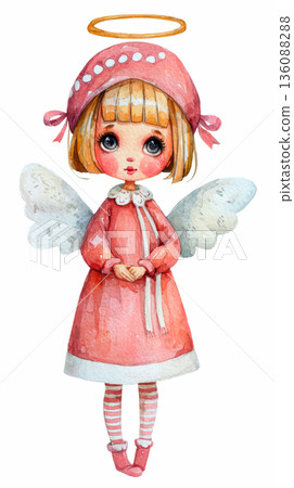 Watercolor cute doll girl Christmas angel in red dress clothes and red scarf hat clip art cartoon illustration isolated on white background Watercolor cute doll girl Christmas angel in red dress clothes and red scarf hat clip art cartoon illustration isolated on white background 136088288