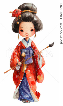 Watercolor cute doll girl geisha wearing red kimono dress Japanese clothes clip art cartoon illustration isolated on white background 136088289