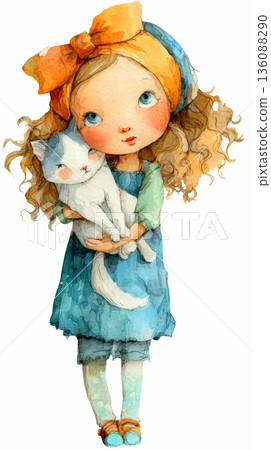 Watercolor cute doll girl wearing blue dress with yellow bow and hugging white cat clip art cartoon illustration isolated on white background Watercolor cute doll girl wearing blue dress with yellow bow and hugging white cat clip art cartoon illustration isolated on white background 136088290
