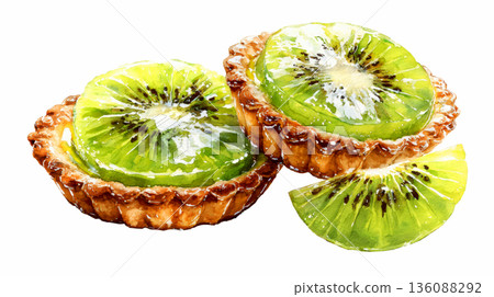 Watercolor baked tartlets with kiwi bakery clip art illustration isolated on white background 136088292