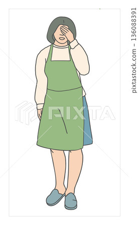 Female florist character covering her face with hand, flat outline vector illustration. Woman in apron expressing embarrassment, mistake or stress. Isolated on white background. 136088391