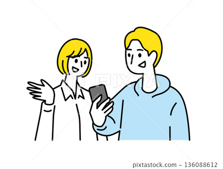 Men and women having a conversation while holding smartphones 136088612