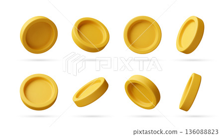 Set of 3d gold coins in different angles. 136088823