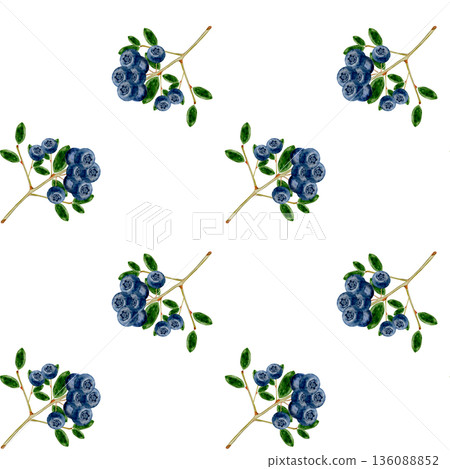 Blueberry watercolor seamless pattern. Hand-drawn blue berry on a white background. Botanical clip art. Perfect for food blog designs, organic store menus, and packaging for products and cosmetics. 136088852