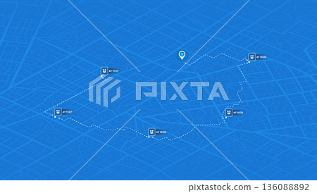 GPS navigation. Package delivery route, navigation plan to multiple package positions. Isometric city scape navigation on detailed map. Real time location with map markers. Vector illustration 136088892