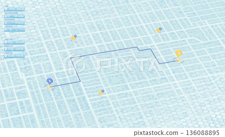 Location tracker dashboard with data of arrive. City street road with pins on map. Street roads and location, vector background. Huge city top view Location tracker dashboard with data of arrive. City street road with pins on map. Street roads and location, vector background. Huge city top view 136088895