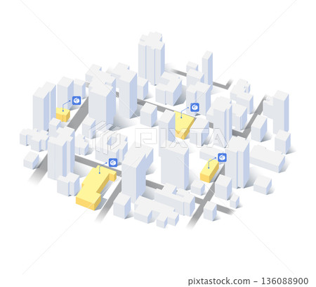 Delivery route planning, navigation plan between multiple pin. Isometric city scape navigation on detailed map with 3D buildings. GPS map markers. Vector illustration 136088900