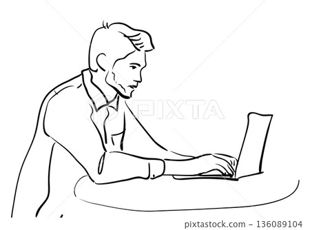 Line drawing of a man working on a laptop. Vector illustration of a businessman. A student studying using the internet and new technologies. Line drawing of a man working on a laptop. Vector illustration of a businessman. A student studying using the internet and new technologies. 136089104