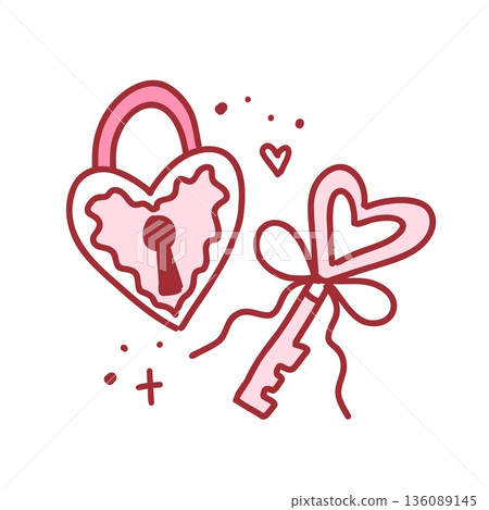 Coquette heart shaped lock and key, cute hand drawn element. Vector illustration in doodle style Coquette heart shaped lock and key, cute hand drawn element. Vector illustration in doodle style 136089145