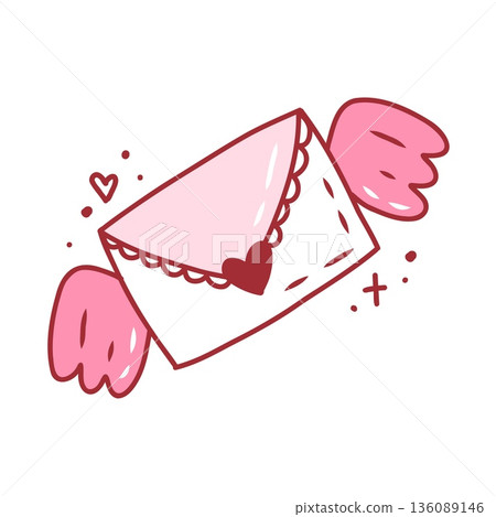 Coquette love letter, envelope with wings, cute hand drawn element. Vector illustration in doodle style 136089146