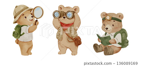 Cute hand drawn bear explorers set with backpack, magnifying glass and book, adventurous woodland animal characters in soft watercolor illustration style 136089169