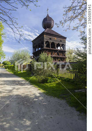 Wooden bell tower in Guty, Czech Republic village 136089341