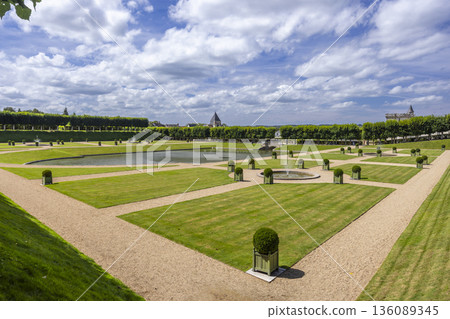 Villandry Chateau formal gardens with parterres and water features 136089345