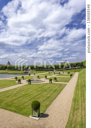 Formal French garden design with chateau in Villandry Formal French garden design with chateau in Villandry 136089346