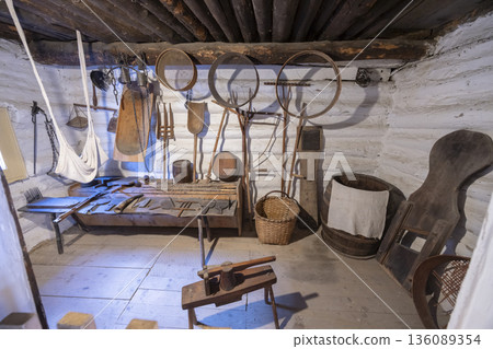 Old traditional tools in rural wooden house MUSEUM Ruzomberok Old traditional tools in rural wooden house MUSEUM Ruzomberok 136089354