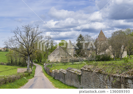 Rural road leading to Chateau de Val Mont in Bourgogne Franche Comte Rural road leading to Chateau de Val Mont in Bourgogne Franche Comte 136089393