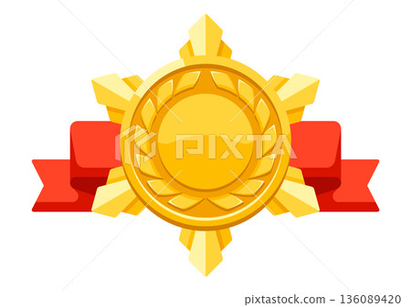 Gold medal with ribbon. Game award for the winners. Illustration of prize for sports competitions. Gold medal with ribbon. Game award for the winners. Illustration of prize for sports competitions. 136089420
