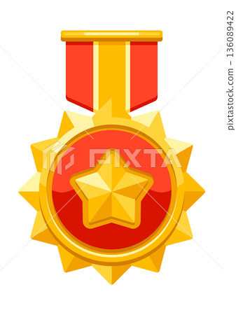 Gold medal with ribbon and star. Game award for the winners. Illustration of prize for sports competitions. Gold medal with ribbon and star. Game award for the winners. Illustration of prize for sports competitions. 136089422