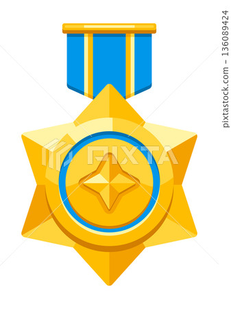 Gold medal with ribbon and star. Game award for the winners. Illustration of prize for sports competitions. Gold medal with ribbon and star. Game award for the winners. Illustration of prize for sports competitions. 136089424