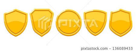 Set of gold medals and shields. Game award for the winners. Illustration of prize for sports competitions. 136089433