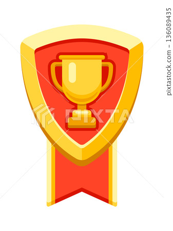 Gold shield with ribbon and cup. Game award for the winners. Illustration of prize for sports competitions. 136089435