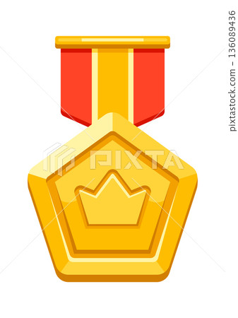 Gold medal with ribbon and crown. Game award for the winners. Illustration of prize for sports competitions. 136089436