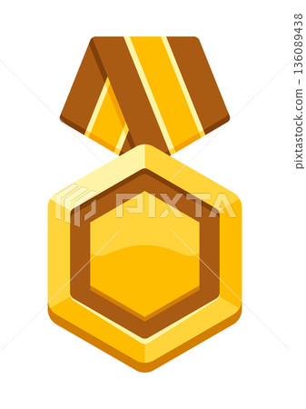 Gold medal with ribbon. Game award for the winners. Illustration of prize for sports competitions. Gold medal with ribbon. Game award for the winners. Illustration of prize for sports competitions. 136089438
