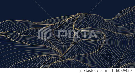 Abstract luxury background, golden wave lines Japanese art, minimalist mountains, dunes, flowing desert forms. Elegant vector illustration with zen landscape silhouette, Asian style. Abstract luxury background, golden wave lines Japanese art, minimalist mountains, dunes, flowing desert forms. Elegant vector illustration with zen landscape silhouette, Asian style. 136089439