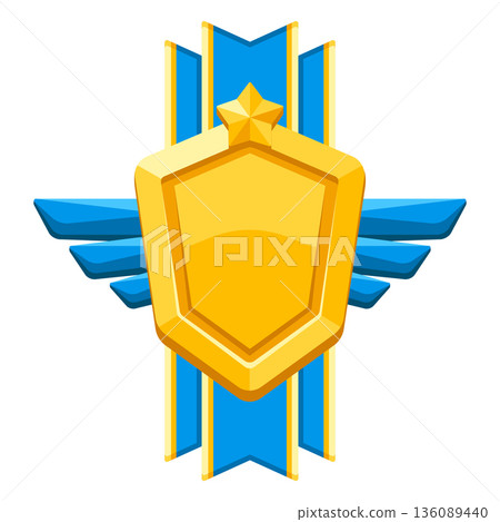 Gold shield with ribbon and wings. Game award for the winners. Illustration of prize for sports competitions. Gold shield with ribbon and wings. Game award for the winners. Illustration of prize for sports competitions. 136089440