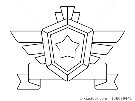 Gold shield with ribbon and wings. Game award for the winners. Illustration of prize for sports competitions. Gold shield with ribbon and wings. Game award for the winners. Illustration of prize for sports competitions. 136089441