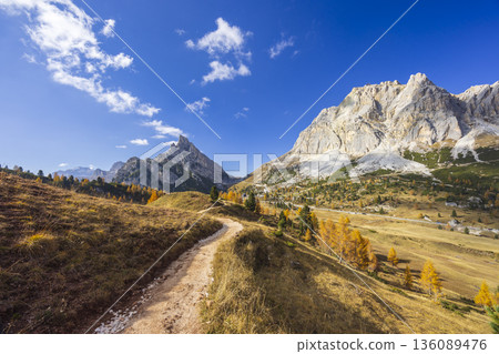 Scenic mountain path winding through Cortina d'Ampezzo, Dolomites Scenic mountain path winding through Cortina d'Ampezzo, Dolomites 136089476