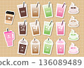 Illustration set of take-out cups for cafe drinks. Coffee, latte, matcha, and pink drinks. White rim 136089489