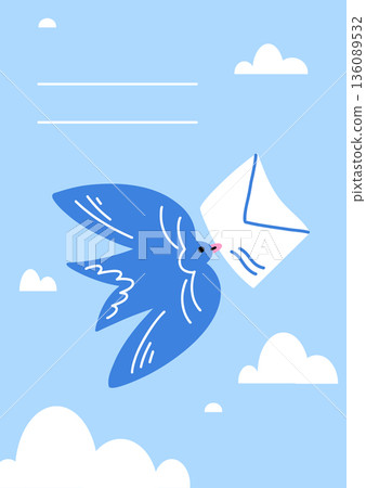 Easter spring card with a dove holding an envelope in its beak with space for a signature. A message with a wish. Easter spring card with a dove holding an envelope in its beak with space for a signature. A message with a wish. 136089532