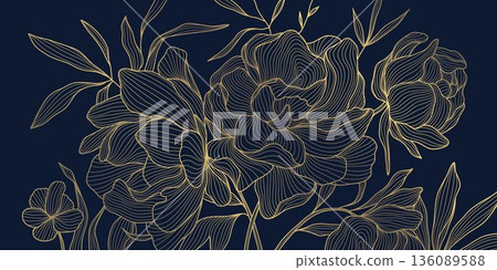 Luxury floral pattern with golden line peony flowers, Chinese and Japanese art, dark blue background. Elegant vector illustration with delicate outlines, decorative details, wedding invitation Luxury floral pattern with golden line peony flowers, Chinese and Japanese art, dark blue background. Elegant vector illustration with delicate outlines, decorative details, wedding invitation 136089588