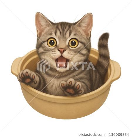 一幅幽默的插圖，描繪了一隻貓被一個陶罐嚇了一跳。 136089884