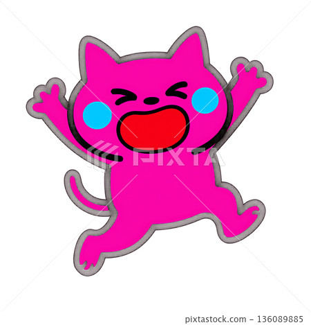 一隻笑容燦爛的粉紅霓虹貓咪。充滿情感表達的波普插畫。 136089885
