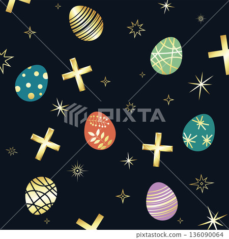 Festive Easter pattern design with golden crosses and painted eggs 136090064