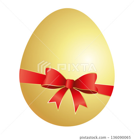 Golden Easter decorated with a red bow. Beautiful Easter holiday design Golden Easter decorated with a red bow. Beautiful Easter holiday design 136090065
