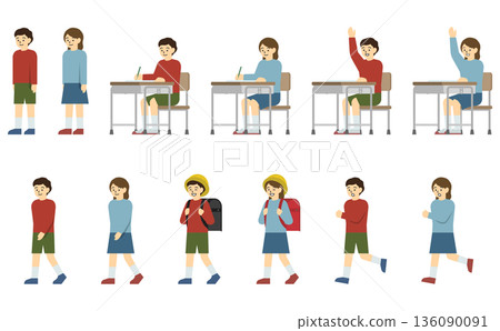 扁平化插畫:小學男孩女孩套裝(附臉部表情) 扁平化插畫:小學男孩女孩套裝(附臉部表情) 136090091