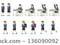 Flat illustration: Set of elementary school boys and girls in uniforms (with facial expressions) 136090092