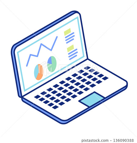 Isometric illustration of a laptop computer screen with pie and line graphs. Isometric illustration of a laptop computer screen with pie and line graphs. 136090388